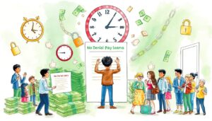 A person stands in front of a "No Denial Payday Loans" sign with documents. A clock above shows 12:05. People queue on the right, while others celebrate with money stacks on the left. Floating elements include clocks, thumbs up, locks, and dollar bills from direct lenders.