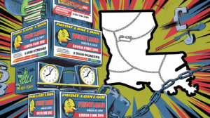 Illustration of several payday loan boxes stacked on the left, with a map of Louisiana outlined in white on the right. Chains wrap around the map, symbolizing direct lenders, while a telephone receiver rests nearby. Background features vibrant yellow, red, and blue rays.