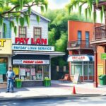 A quaint street scene features three payday loan shops with colorful signage. Two people chat in front of one shop, while vibrant signs advertise "No Credit Check" with direct lenders. The lively buildings are surrounded by trees and a nearby lamp post.