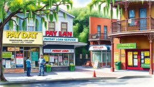 A quaint street scene features three payday loan shops with colorful signage. Two people chat in front of one shop, while vibrant signs advertise "No Credit Check" with direct lenders. The lively buildings are surrounded by trees and a nearby lamp post.