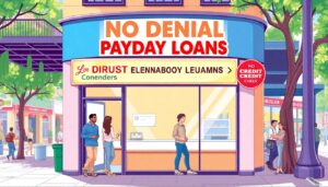 Illustration of a payday loan storefront featuring a large "No Denial Payday Loans" sign. Nearby shop signs and a green-leaved tree frame the scene, as people walk by, contemplating easy options from direct lenders offering no credit check payday loans.