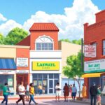 A street scene unfolds with people strolling past colorful storefronts like Laswayl Loans and QuickLoanPro. Advertisements for personal and payday loans are prominently displayed on windows and walls, enticing passersby with quick cash solutions.