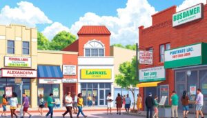 A street scene unfolds with people strolling past colorful storefronts like Laswayl Loans and QuickLoanPro. Advertisements for personal and payday loans are prominently displayed on windows and walls, enticing passersby with quick cash solutions.