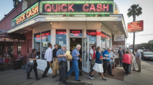 A group of people strolls out of a storefront with a neon "Quick Cash" sign, carrying bags and bundles. The red and white building advertises payday loans, promising "Checks Cashed" and "Open 24/7." Nearby, a palm tree sways under the promise of instant approval.