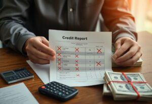 A person holding a credit report marked with several red Xs. The desk features two calculators, a coffee cup, a pen, and stacks of hundred-dollar bills. The setting suggests financial analysis or credit review.