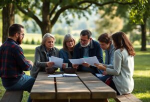 A group of people sits at a wooden picnic table in a park, examining documents. The group includes three women and three men, all dressed casually. Trees and greenery surround them, creating a peaceful outdoor setting.