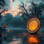 A large, glowing coin with a dollar sign floats in a misty swamp. Surrounded by twisted trees and dark water, three animals, including a fox, observe. Meanwhile, above the shadowy scene of payday loans, a bird silhouette is in flight against the dusky sky.