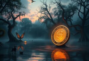 A large, glowing coin with a dollar sign floats in a misty swamp. Surrounded by twisted trees and dark water, three animals, including a fox, observe. Meanwhile, above the shadowy scene of payday loans, a bird silhouette is in flight against the dusky sky.