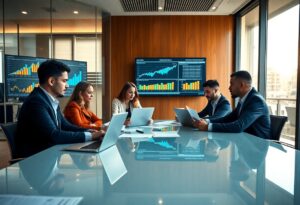 Five professionals sit around a conference table in a modern office. They are reviewing documents, with laptops open. Two screens display various graphs and charts. The room has glass walls and a view of a city skyline.