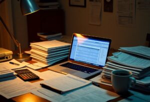 A cluttered desk with stacks of papers, an open laptop displaying a spreadsheet, a calculator, and a coffee mug. A desk lamp illuminates the scene. The background has more papers attached to the wall.