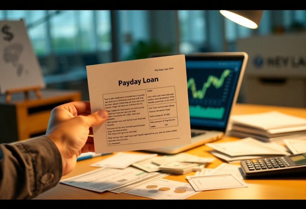 Person holding a payday loan document over a cluttered desk with papers. A laptop displaying a rising graph, a stack of money, and a calculator are visible. The background shows a blurred office setting with a dollar sign on a board.