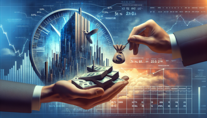 Person receiving cash from lender, with calendar and high interest rate sign in background.