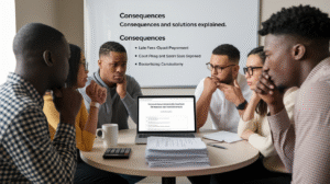 Five people sit around a table with documents, a laptop, and mugs, looking serious. Behind them, a screen displays a list of payday loan consequences and solutions related to payments, missed payment issues, and contracts.