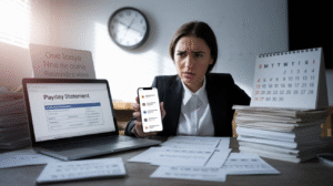 A woman in business attire sits at a cluttered desk with paperwork, holding a phone and looking concerned. A payday loan statement is displayed on her laptop, hinting at the consequences of a missed payment. A clock and calendar are in the background.