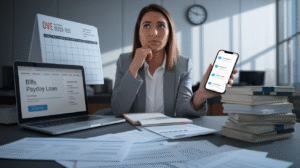 A woman in business attire sits at a desk cluttered with bills and paperwork, holding a smartphone displaying messages about a missed payment. A laptop shows a payday loan website, with a calendar and clock visible in the background, hinting at consequences.