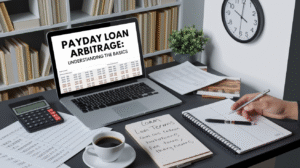 A desk with a laptop displaying “Payday Loan Arbitrage: Understanding the Basics,” financial documents, a calculator, a clock on the wall, and a notebook with handwritten notes about payday loans and arbitrage strategies.