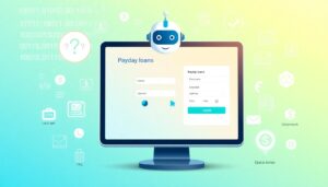 A computer monitor displays an online payday loan application form. Above the screen is a cartoon robot head, highlighting payday loan automation. Various finance-related icons, symbols, and binary code float in the colorful gradient background.