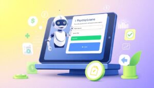 A 3D robot stands beside a large tablet displaying a payday loans login screen, highlighting Payday Loan Automation. Dollar signs, icons, and green plants surround the scene, suggesting streamlined financial technology and online loans.