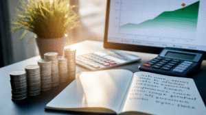 Stacks of coins, a notebook with handwritten notes, a calculator, and a pen sit on the desk as sunlight streams in. A monitor displays an upward-trending graph, suggesting ways to maximize payday loans using safe payday loan strategies.