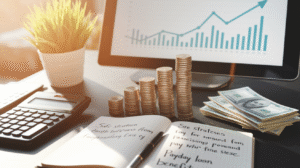 A desk with stacked coins, a calculator, a plant, a monitor displaying a rising chart, a notebook with handwritten notes, and dollar bills—illustrating safe strategies for financial planning and growth or payday loan maximization.