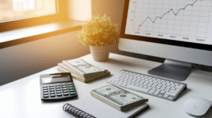 A desk with a computer displaying a rising graph, keyboard, calculator, stacks of hundred-dollar bills, a spiral notebook, pen, and a small potted plant near a window illustrates safe payday loan strategies to boost financial growth.