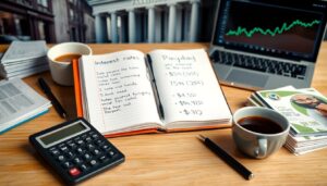 A workspace with a calculator, pen, two coffee cups, and an open notebook listing payday loan details and interest rates. A laptop shows a rising graph, while documents and cash are stacked on the wooden desk—an essential guide to finances.