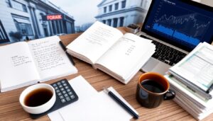 A wooden desk with open notebooks, a calculator, a laptop showing a graph about payday loan interest rates, two cups of coffee, and stacks of documents. The background shows large building images and a red sign reading "FORAIK.