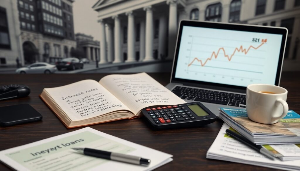 A desk with an open notebook of handwritten notes, a calculator, a coffee cup, documents labeled "Invest loans," a pen, a laptop displaying a rising graph, and blurred classical buildings hints at reviewing payday loan interest rates.