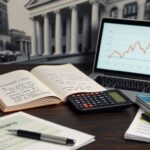 A desk with an open notebook of handwritten notes, a calculator, a coffee cup, documents labeled "Invest loans," a pen, a laptop displaying a rising graph, and blurred classical buildings hints at reviewing payday loan interest rates.
