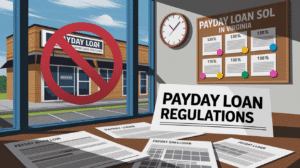An office displays papers labeled "Payday Loan Restrictions," a clock, and a bulletin board with Virginia payday loan rates. Outside the window, a payday loan business has a red prohibition sign over it.