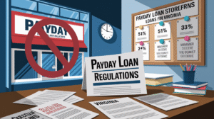 Illustration of a desk with documents labeled "Payday Loan Restrictions," a window showing a payday loan store with a prohibition sign, and a bulletin board displaying essential insights and statistics about Virginia's payday loan landscape.