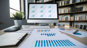 A desk with charts, graphs, and papers, a computer monitor displaying multiple line graphs and risk assessment tools, a keyboard, calculator, notepad, pen, and a potted plant—all set in a library or office environment.
