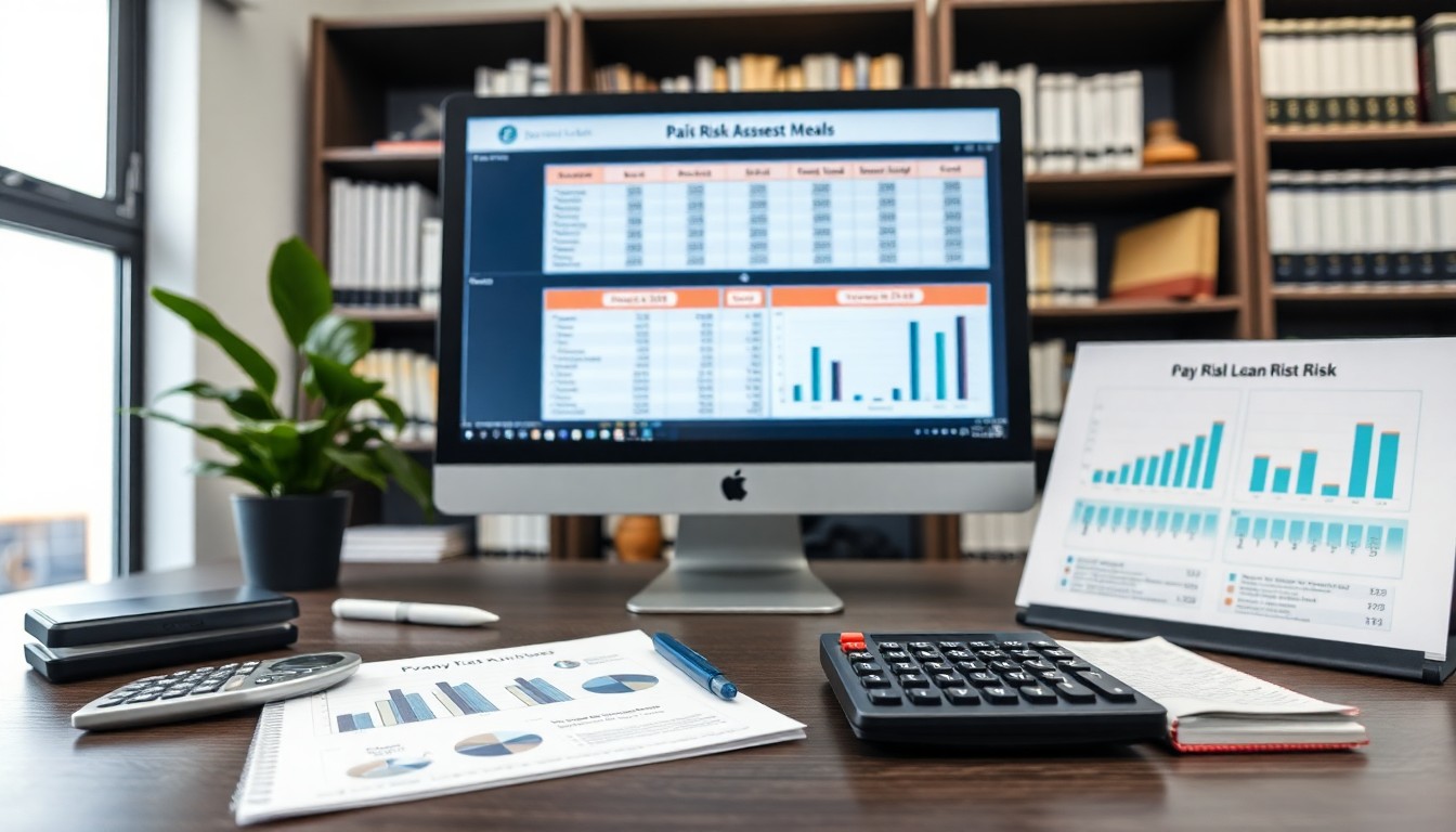 A desk with financial documents, a computer displaying charts and spreadsheets evaluated by risk assessment tools, a tablet with a bar graph, calculators, a pen, and a potted plant; bookshelves are visible in the background.