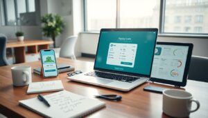 A desk with a laptop, tablet, and smartphone displaying tech trends and payday loan insights, alongside a notebook with handwritten notes, glasses, and two mugs in a modern office setting for the modern borrower.