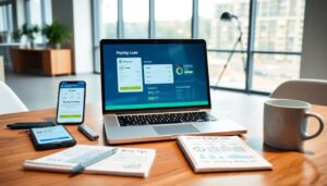 A laptop, smartphone, and tablet on a desk display payday loan websites, reflecting the modern borrower’s tech trends. Nearby sit a notebook with handwritten notes, a paper labeled “Budget Loan,” a pen, and a mug. Large windows show an office view.