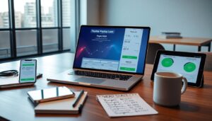 A laptop, smartphone, and tablet display financial dashboards and payday loan information on a wooden desk with a mug, notepad, pen, and paper in a modern office—perfect for the modern borrower keeping up with tech trends.