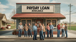 A group of rural borrowers stand and talk outside a small building with a sign that reads "Payday Loan Available." The scene is set in a rural area, with fields and houses visible in the background.