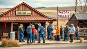 A group of rural borrowers stand in line outside a rustic payday loan store. Signs read “PAYDAY Loan” and “PAYDAY AVAILABLE.” Rolling fields and wooden buildings are visible in the background, highlighting a crucial solution for local needs.