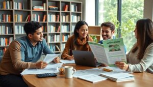 Four people sit around a table in a library or office, discussing documents and a magazine titled "PAYDAY'S STONIS," possibly exploring fast cash options like payday loans for students. A laptop, calculator, and papers are spread out as bookshelves fill the background.
