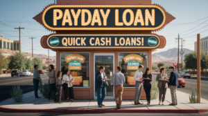A payday loan store in Nevada features a large illuminated sign reading "PAYDAY LOAN QUICK CASH LOANS!" Groups of people are chatting outside the entrance on a sunny day, with desert mountains in the background—perfect for those seeking strategies for success.