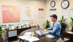 A man in a blue suit works on a laptop at a glass-topped office desk in Nevada. Informational posters and pamphlets about financial services and strategies for success are displayed, along with two clocks and several plants.