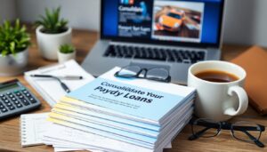 A stack of documents labeled "Payday Loan Consolidation" sits on a wooden desk with coffee, calculator, eyeglasses, pen, notepad, potted plants, and a laptop displaying a Simple Guide to consolidate multiple payday loans.