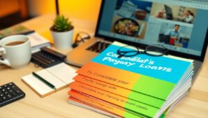 A stack of colorful brochures titled "Consolidate's Payday Loans: Simple Guide to Payday Loan Consolidation" sits on a desk next to a laptop, glasses, coffee cup, calculator, notebook, pen, small plant, and phone.