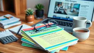A desk with a stack of colorful documents titled “Consumer Formfill Payday Loans,” a calculator, glasses, two cups of coffee, potted plants, notepads, and an open laptop displaying a payday loan guide for how to consolidate payday loans.
