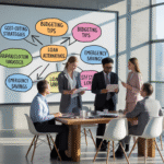 Five people in business attire discuss effective tips around a table in a modern office. Behind them, a large presentation board displays a colorful mind map with terms like "Budgeting Tips," "Loan Alternatives," and "Emergency Savings.
