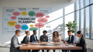 Six people in business attire sit at a conference table discussing documents. Behind them, a whiteboard displays a colorful financial planning diagram with cost-cutting strategies, emergency savings, budgeting, and alternatives to payday loans.