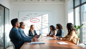 Six people in business attire sit around a table in a conference room, discussing cost-cutting strategies. Behind them, a whiteboard with “Financial” circled in red is covered with related terms and arrows. Sunlight comes through large windows.