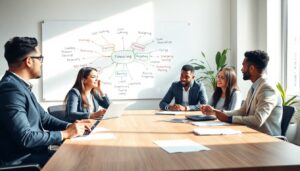 Five people sit around a conference table discussing cost-cutting strategies. In the background, a whiteboard displays a mind map focused on “Financing” and related terms. Laptops and papers are scattered across the table as they share effective tips.