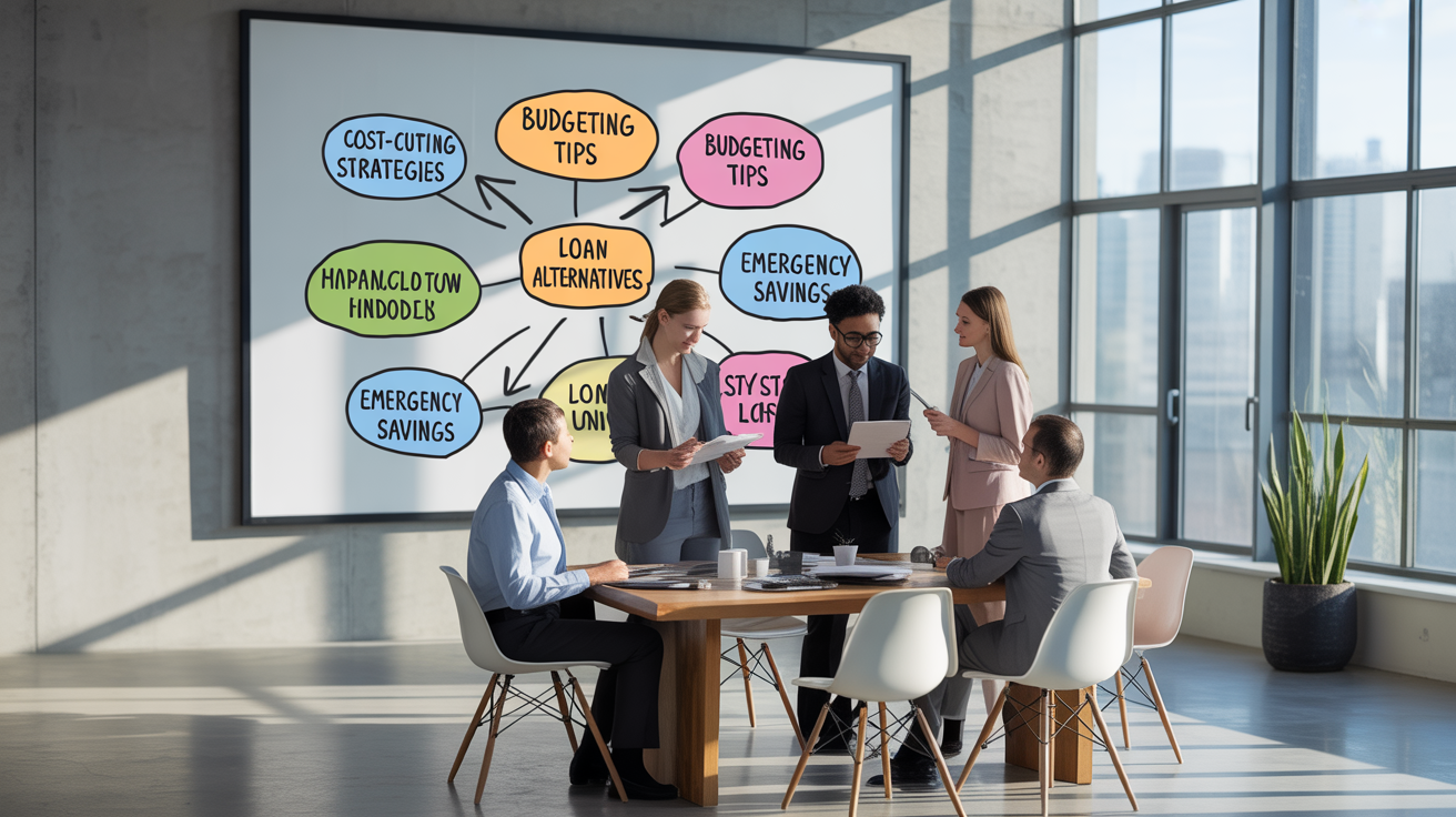 Five people in business attire discuss effective tips around a table in a modern office. Behind them, a large presentation board displays a colorful mind map with terms like "Budgeting Tips," "Loan Alternatives," and "Emergency Savings.