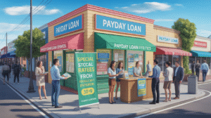 People stand outside a payday loan store on a sunny day, some reading flyers about local marketing offers, others talking to staff at tables with promotional signs advertising special loan rates. The storefront features large “Payday Loan” signs.
